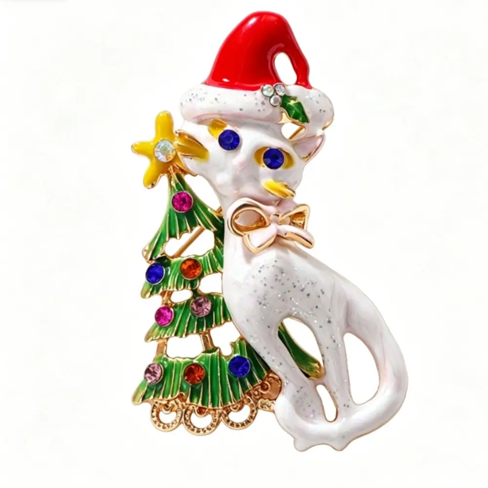 White Glitter Enamel Santa Hat Cat Christmas Tree Multicolor Rhinestone Gold Brooch Unisex Holiday Lapel Pin Gift