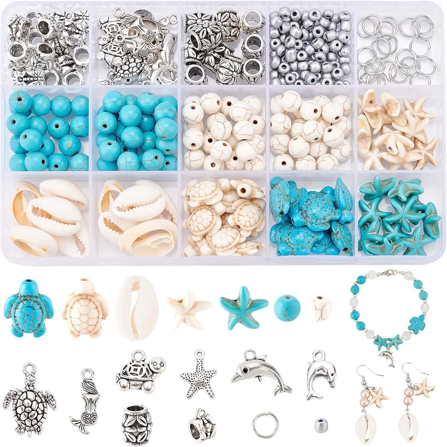 292pcs Turquoise Jewelry Making, Boho Ocean Beach Shell Bead Charms Starfish Mermaid Turtle Beads Summer Sea Dangle Pendant for Gift Bracelet Necklace Earring Anklet Craft Jewelry Making