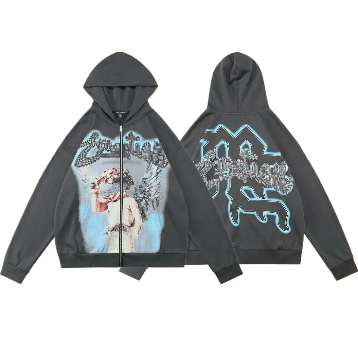 MIXED EMOTION Rhinestone Graphic Hoodie Oversized Men | Y2K Streetwear Sweatshirt | Emotions Print Bling Crystal Pullover | Trendy Zip Up Hoodie for Men, Perfect for Everyday Wear & Holiday Gift