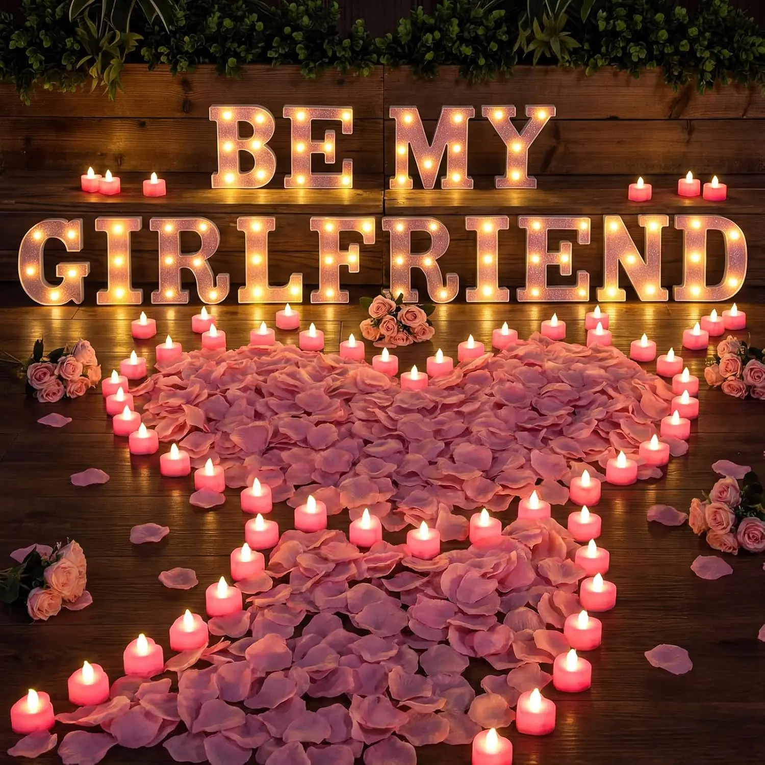 6038 count Be My Girlfriend Light up Letters Proposal Decorations, 24 LED Letter Sign with 24 Heart Flameless Candles 6000 Artificial Rose Petals Valentine's Day Romantic Decor (6.3 Inch,)