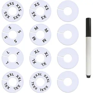 13 Pcs Clothing Rack Size Dividers Round White Plastic Size Markers for Clothing Rack Pre-Labeled (XXS-XXXL) & Blank Dividers & Erasable Pen for Closet, Retail Store, Wardrobe