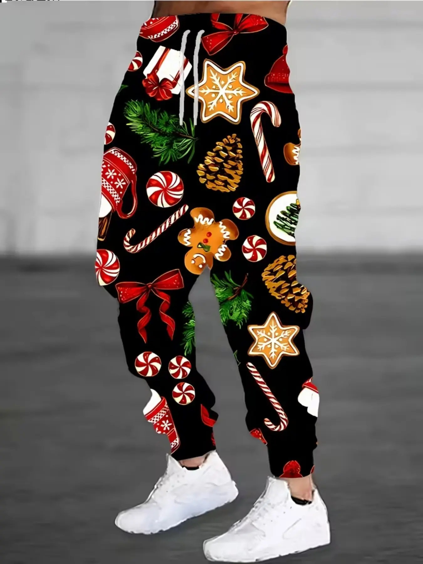 Men's Christmas Print Jogger Pants, Comfortable Fit Casual Sports Pants, Pockets, Stretch Polyester, Perfect for Holidays