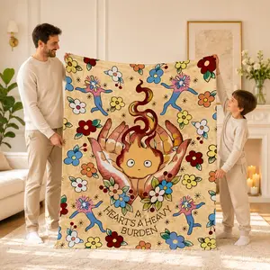 Calcifer Inspired Floral Throw Blanket - "A Heart’s A Heavy Burden" Anime Fire Spirit Cozy Sherpa, Studio Ghibli Style Gift, Cute Cottagecore Home Decor, Blankets for Bedroom, Throw Blankets