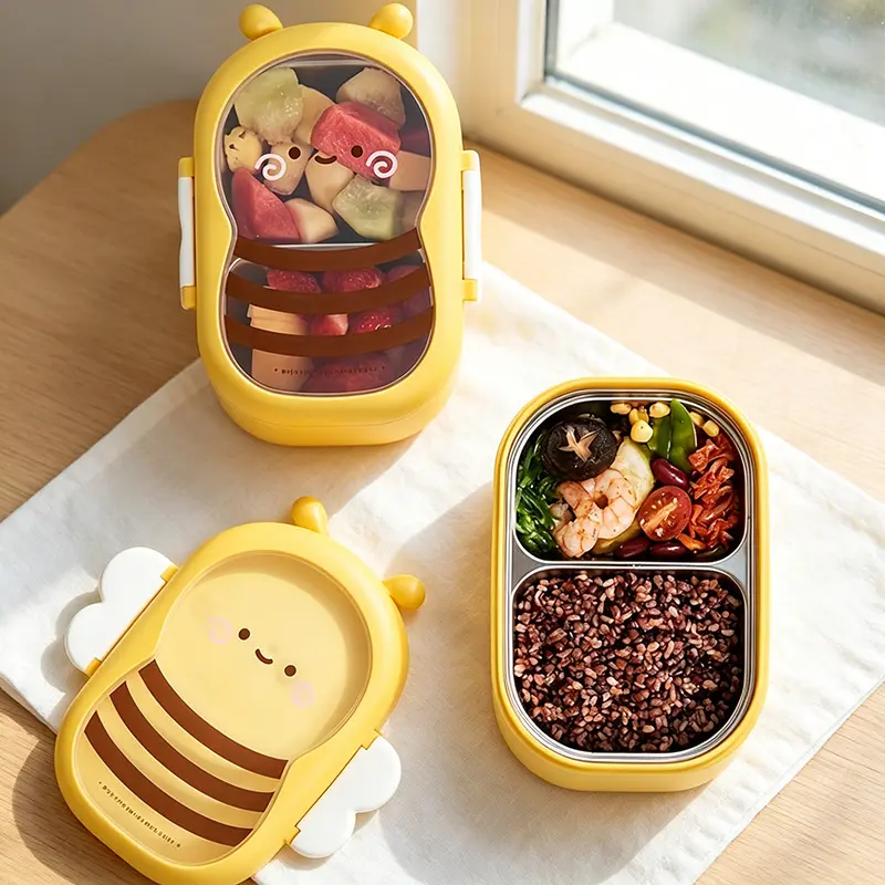 Leakproof Cartoon Bee Insulated Lunch Box - Stainless Steel Bento with Food-Grade Compartments, Thermal Meal Container for Students & Workers, Hand Washable
