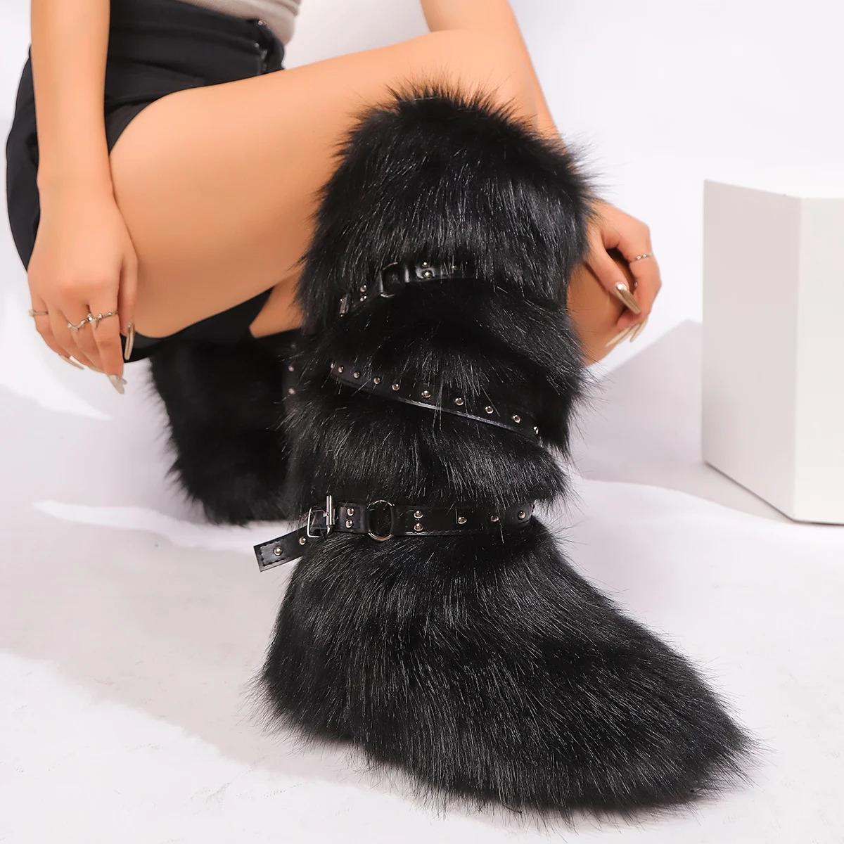 Winter  New Design Onepiece Raccoon FurFemale Snow   shoes OutdoorMid Leg  y2k Cool Pink Women Girl Footwear fur boots Black Comfort