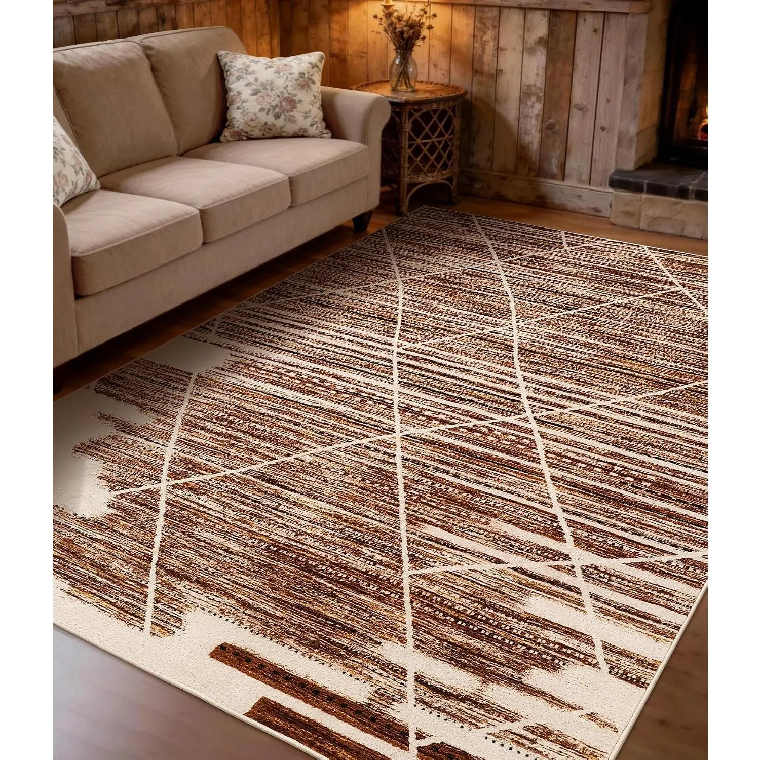 Washable 5x7 Area Rugs for Living Room,Vintage Rug for Bedroom Playroom Non Slip Low Pile Carpet, Soft Brown Ivory Geometric Carpet for Home Decor
