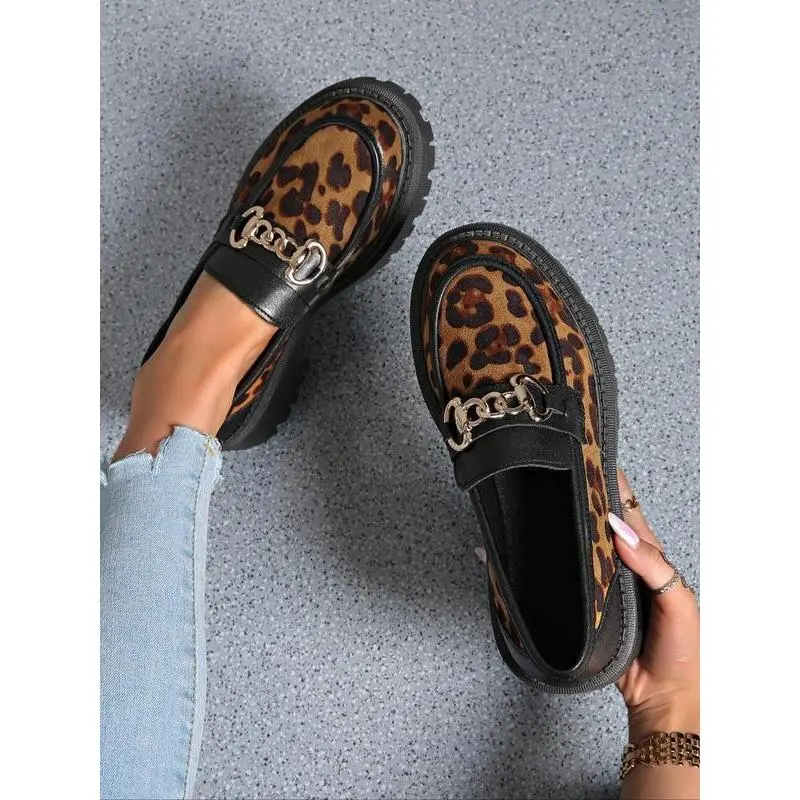 Fashion Leopard Print Platform Loafers, PU Leather Loafers, Casual Comfortable Thick Sole Loafers for Daily Wear, Female All-match Round Toe Shoes for Daily Wear