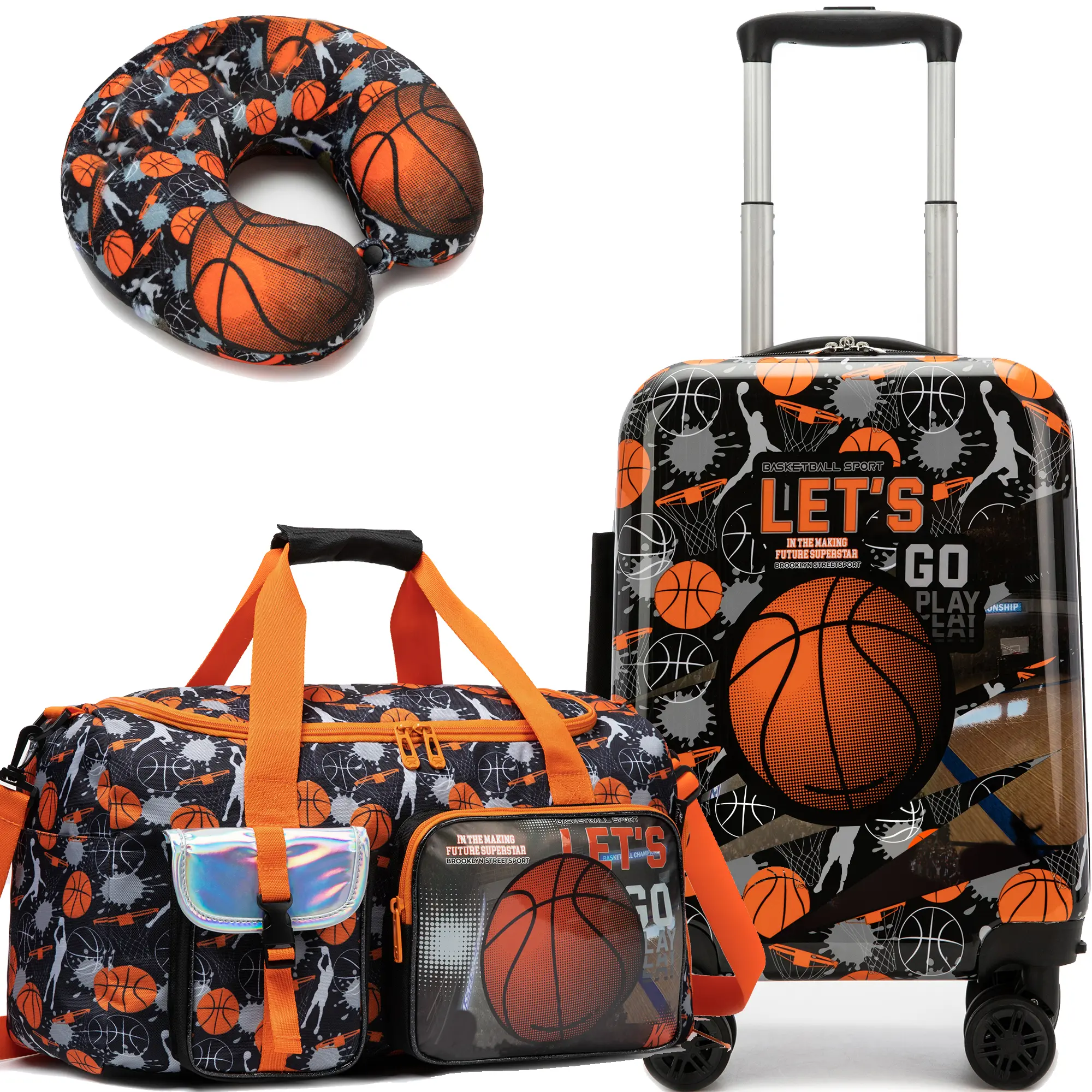 Kids Basketball Luggage Set with Duffel Bag & Neck Pillow | Hard Shell Carry On Spinner Suitcase for Boys | Sports Travel Gear 2026