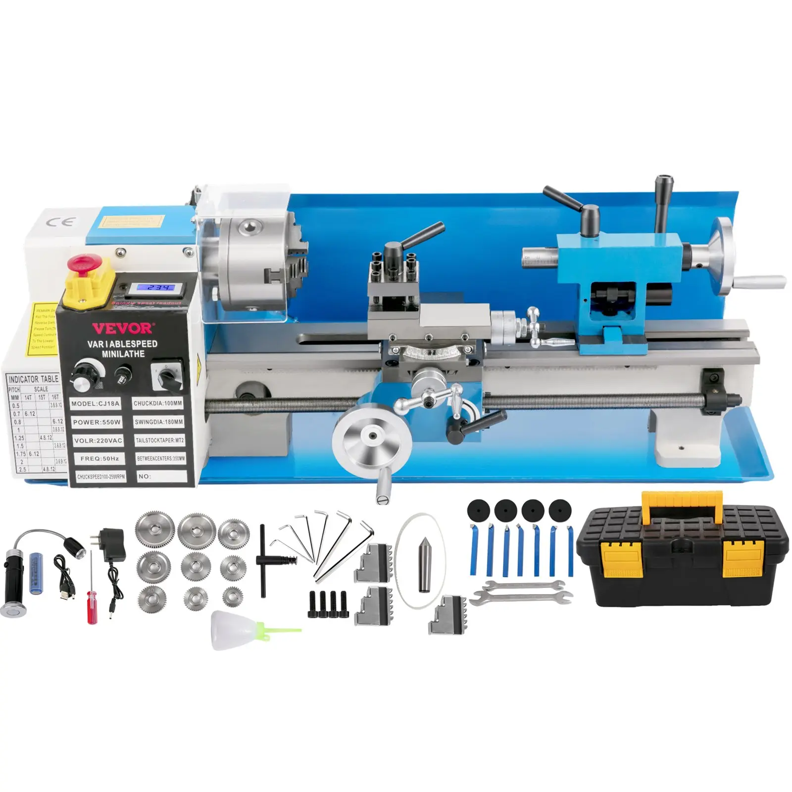 【DealsForYouDays】VEVOR Compact Metal Lathe, 7" x 14", Desktop Metalworking Lathe, 550W, Adjustable Speed up to 2250 RPM, Includes 3-jaw Chuck and Digital Display, Precision Crafting Lathe with Tool Box for Metalworki