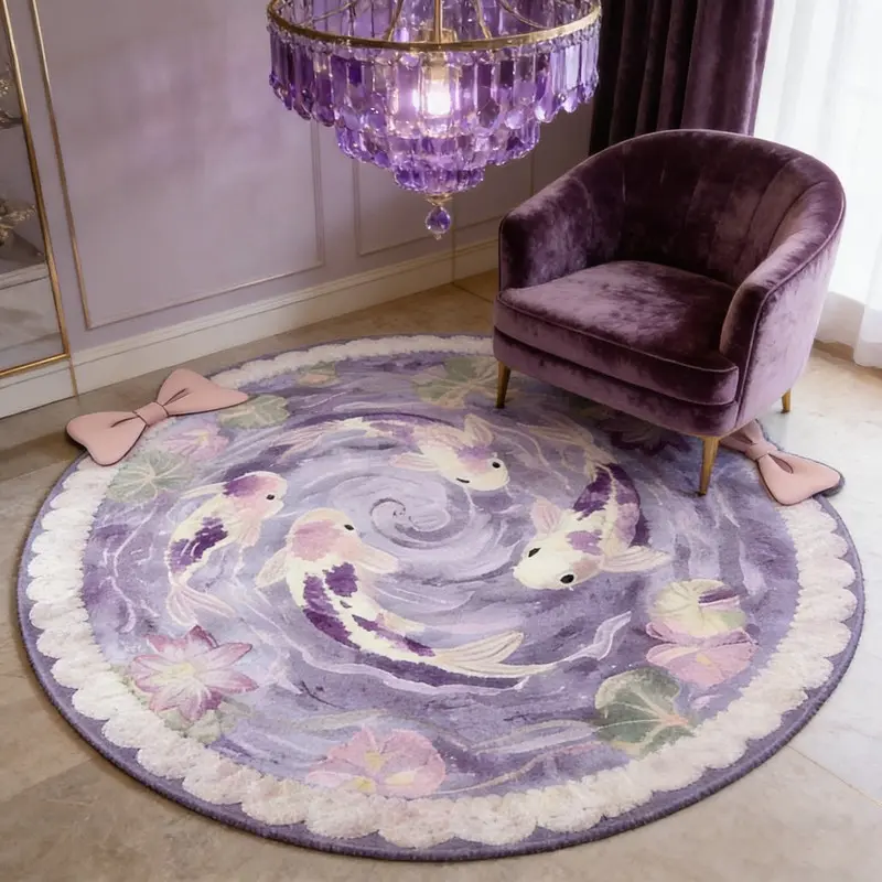 Dreamy Romantic Mint Koi Pond Pattern Round Carpet, Large Area Rug for Living Room Bedroom, Washable Plush Mat, Floral Washable Rug, Living Room Rugs, Decorative Rug, Soft Rugs