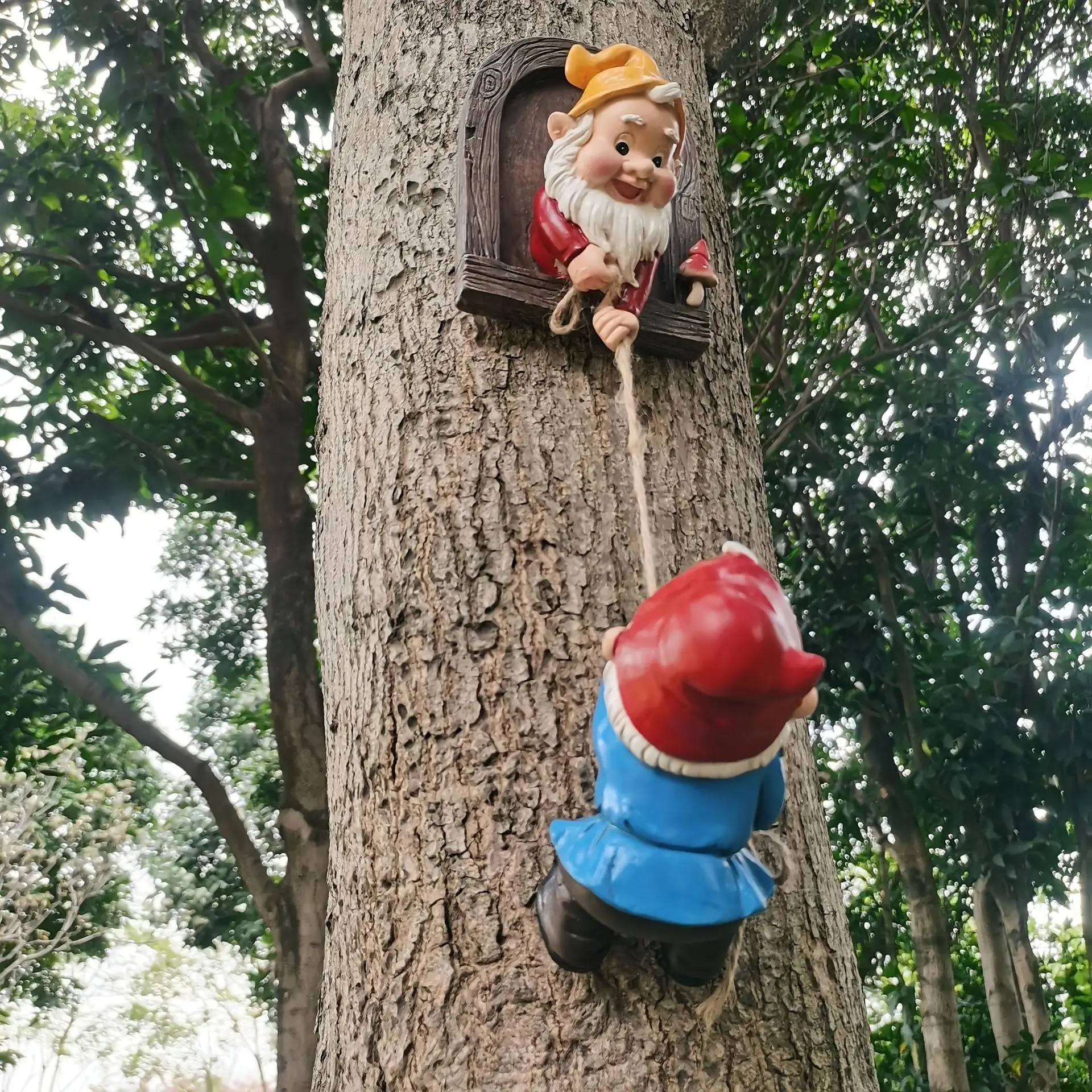 2 Piece Fantasy Gnome Climbing Tree Statue Set, Outdoor Garden Wall Decor, Exterior Decorative Statues, Resin Material, Mother's Day Christmas Gift, Includes Hanging Ornament