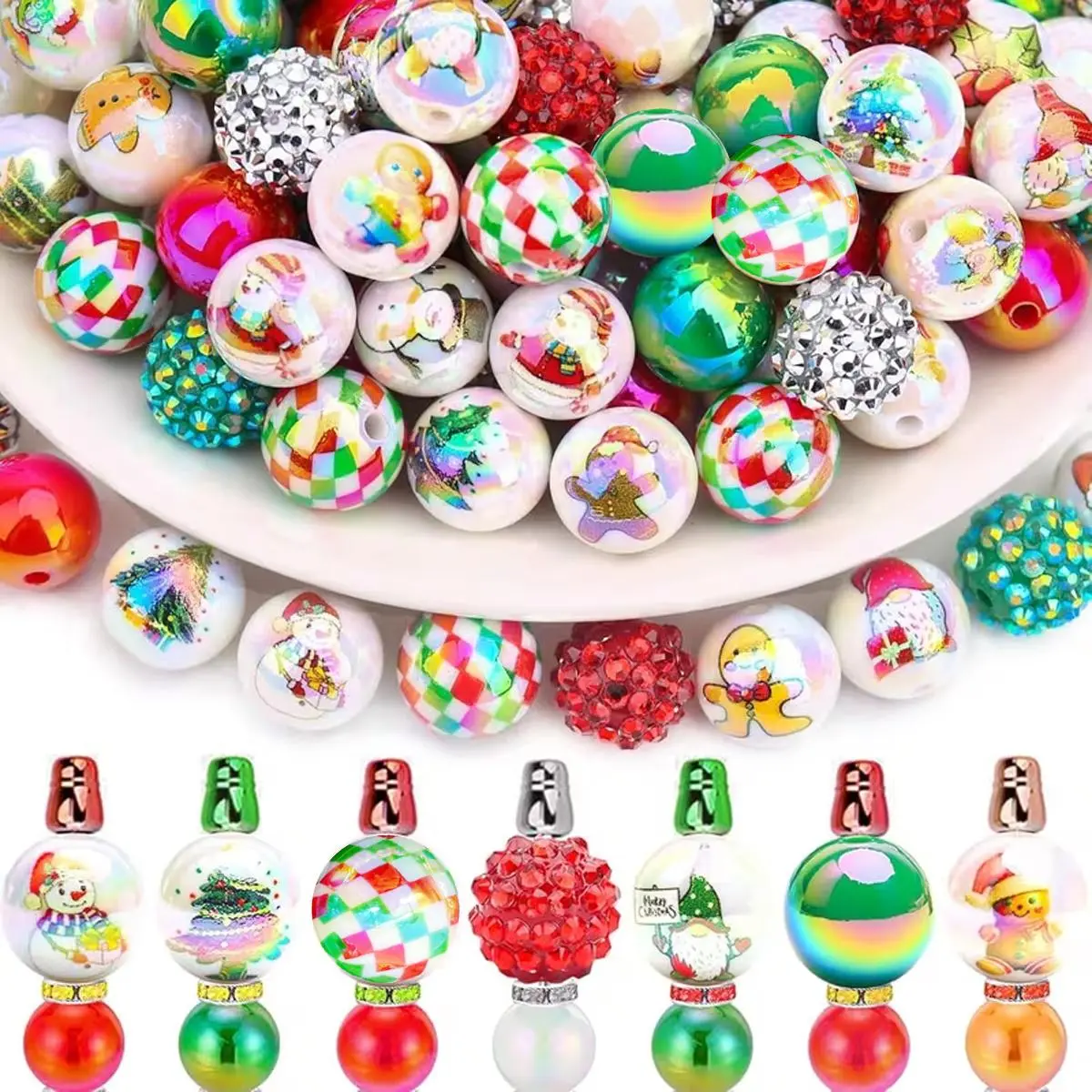 30pcs/60pcs 16mm Christmas Acrylic Beads, Snowman Santa Claus Christmas Tree Acrylic Beads Christmas Decoration Flower Bouquet Beads Jewelry Making DIY Home Decoration, Festive Ornaments, Holiday Decorations, Festive Design, Winter Decor, Durable Material