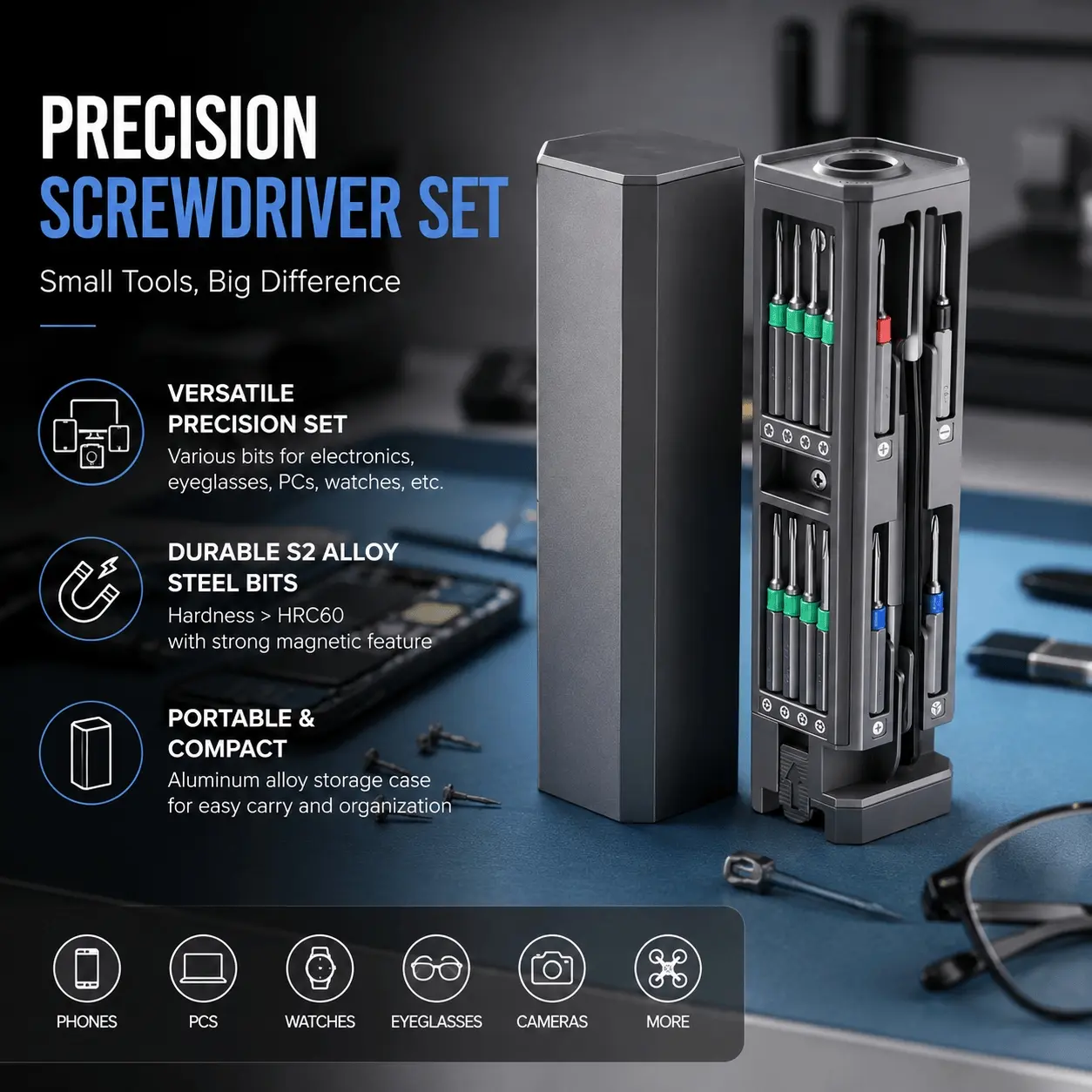 Precision Magnetic Screwdriver Set with S2 Alloy CNC Bits, Anti-Static Handle, Wear-Resistant Coating - Perfect for iPhone, Laptop, Drone & Electronics Repair, Pop-Up Aluminum Case