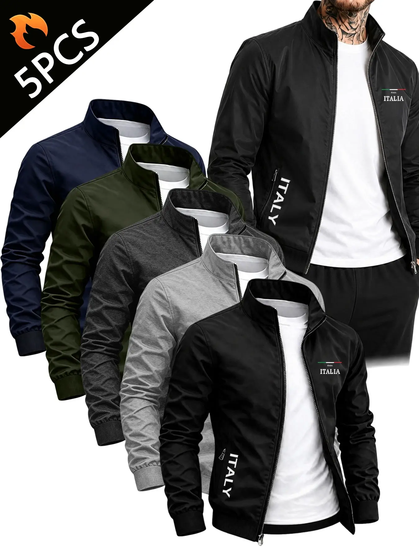 5-Pack Men's Lapel Casual Jacket, Classic Lapel + Full Zipper, Ribbed Sleeves and Hem, Windproof, Italian Style Print, Spring & Fall