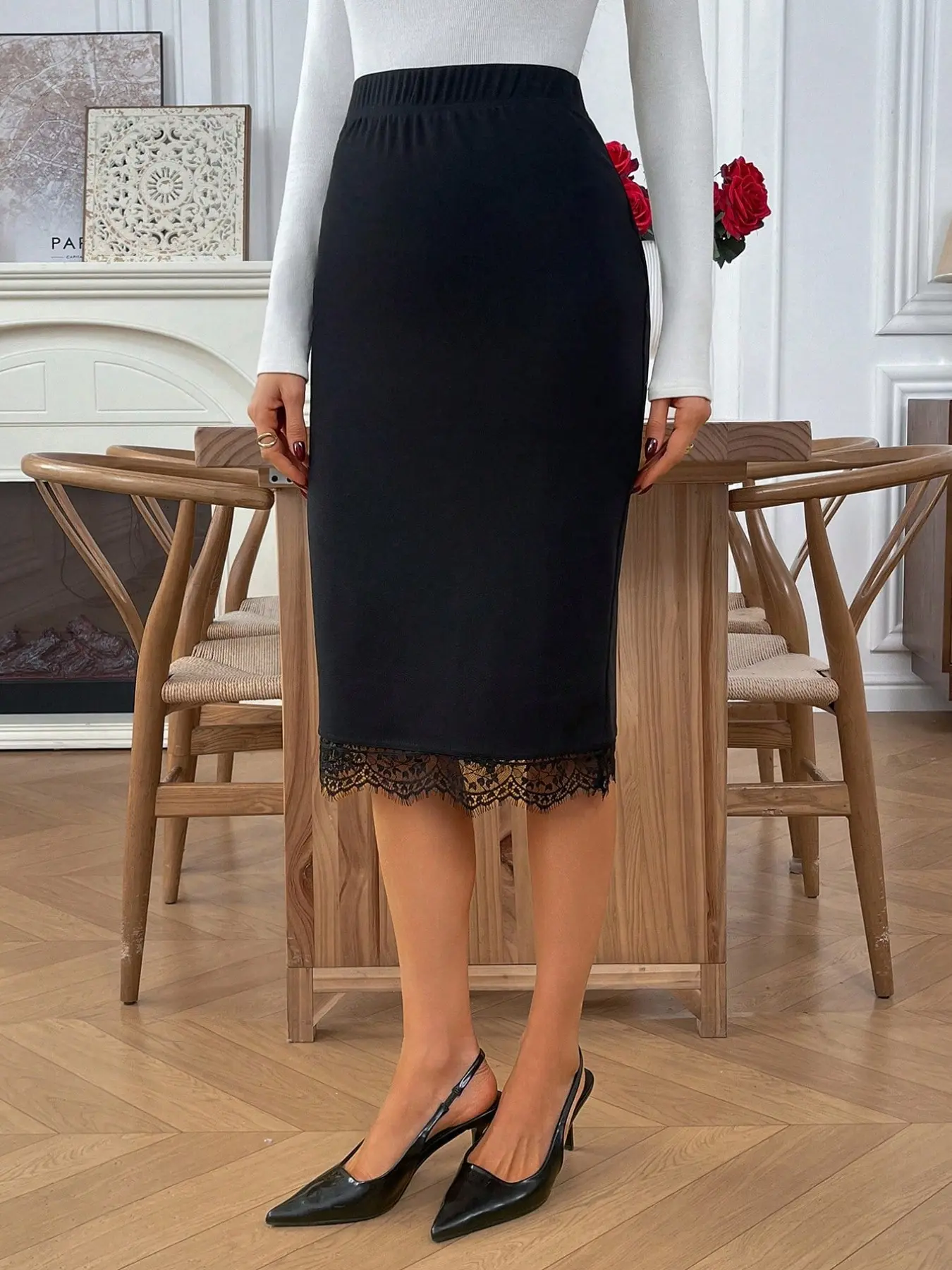 Women's Elegant Solid Color Lace Trim Pencil Skirt, Perfect for Commuting, Stylish Formal Office Wear, Comfortable Daily
