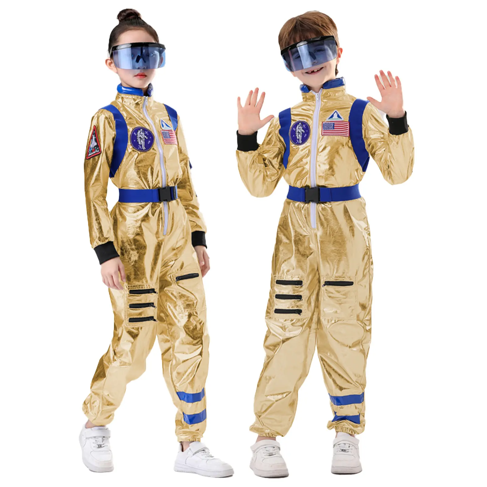 Children's shiny gold astronaut jumpsuit for Halloween party, masquerade, holiday performance costume, Cosplay costume, roaming earth astronaut costume, space gear