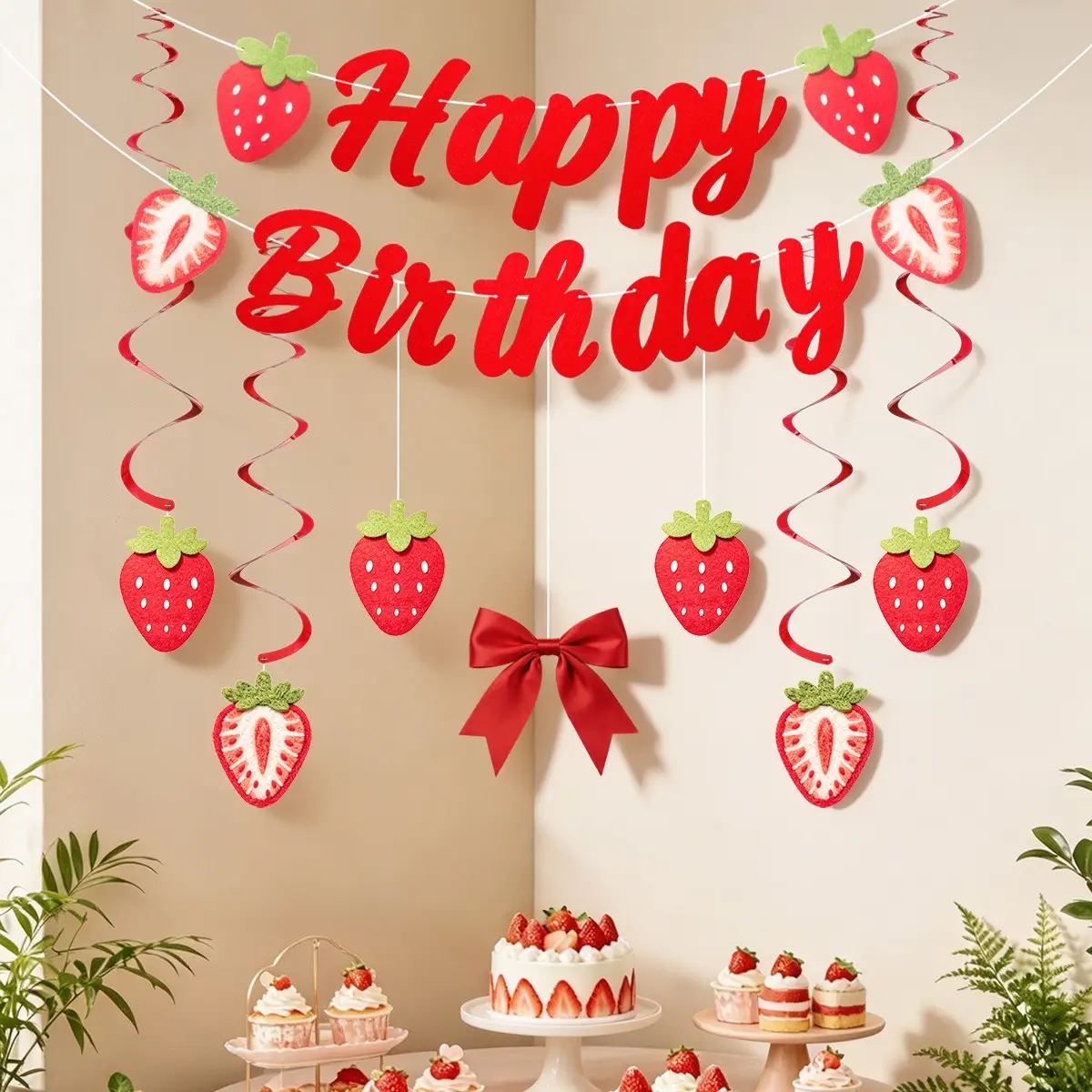 Cute Sweet Strawberry Birthday Party Decorations, Wall Hanging Photo Props, Butterfly Flower Banner, Happy Birthday Backdrop, Suitable for Adults and Kids