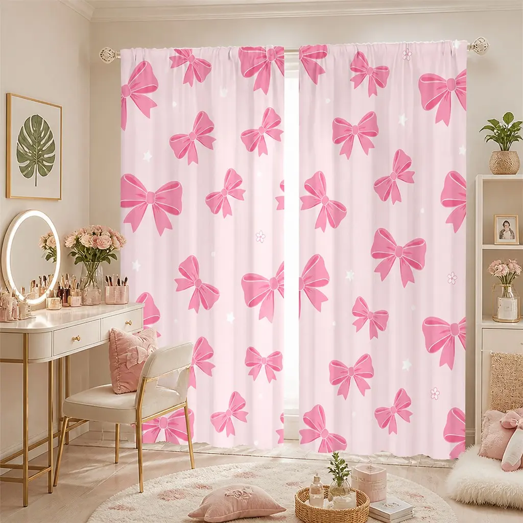 2 Pcs Bow Dream Curtains Sheer, Simple Cute Style, Soft Semi-Transparent Printed Fabric, Ideal for Girls' Bedroom, Princess Room Decor