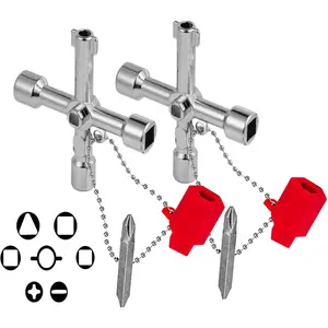 2Pcs 4-Way Universal Utility Key, Multi-Functional Zinc Alloy Cross Key with Bit for Electric, Water, Gas Mtr Box, Cupboard Opening