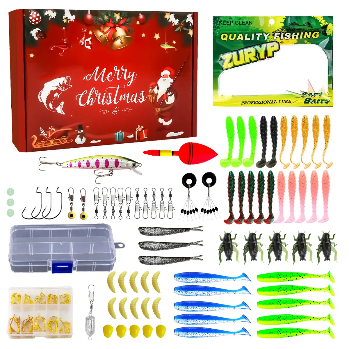 Festive Christmas All-in-1 Freshwater Tackle Gift Kit - Fishing Gear with Hard Baits, Soft Plastics, Hooks, Freshwater Bass Supplies, Perfect Holiday Gift for Anglers