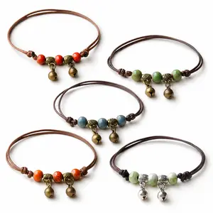 Women's Handmade Cord Bead Anklet - Ethnic Ceramic Bead Jewelry with Vintage Bell Charms, Boho Adjustable Beach Daily Wear Gift