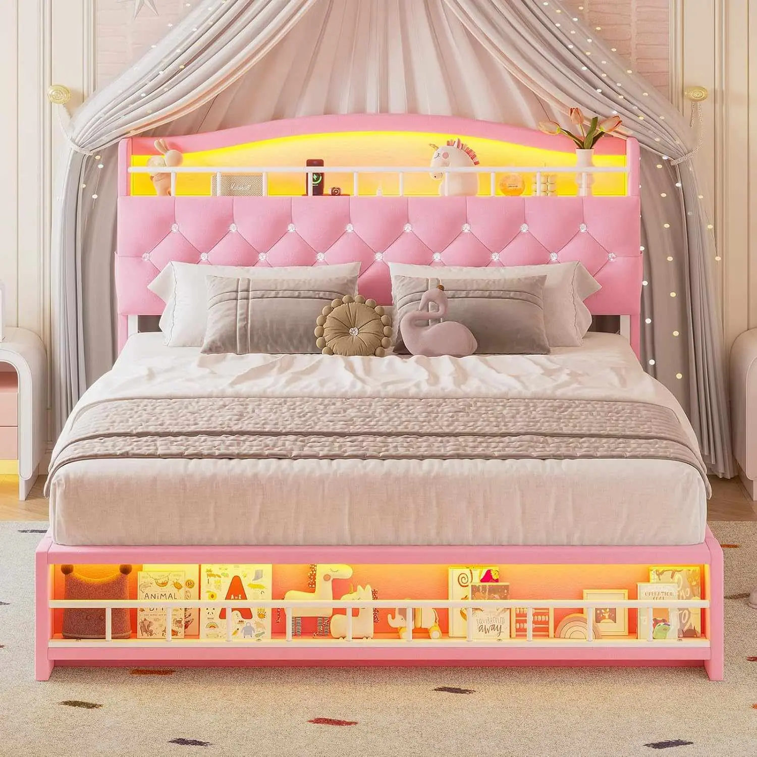 SIKAIC Blush Pink Velvet Upholstered Platform Bed Frame with LED Lights, USB Port, Charging Station, Storage Headboard, Footboard Storage - Engineered Wood Modern Indoor Furniture for Princess Bedroom, Pink Decor, Glow Your Room, Assembly Required
