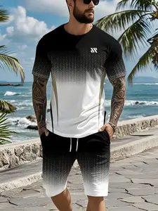 Men's 3D Digital Print 2-Piece Set with Cyan-Blue Gradient Herringbone Geometric Line Symmetry, 2Pcs, Trendy Fashion Outfit, Trendy Vintage Casual Two-Piece Suit, Vacation-Style Trendy Wear, Breathable Sports Casual Style, Perfect Holiday Gift for Men