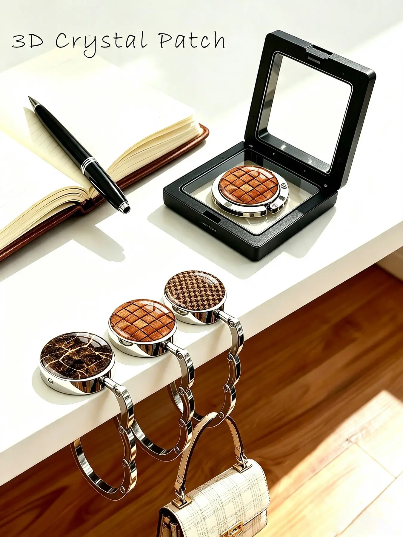 3 Piece Set 3D Crystal Texture Table Bag Hook, Foldable Metal Handbag Hanger, Heavy Duty Desk Purse Holder, Purse Hooks with Retro Grid & Marble Grain Pattern, Gift Box Minimalist Neutral Tone Bag Accessory for Women Daily Gift