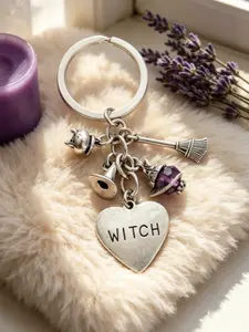 Witch Broom Keychain, Metal Witch Keychain with Witch Letter Heart Pendant, Gothic Halloween Bag Accessory, Witch Style Gift