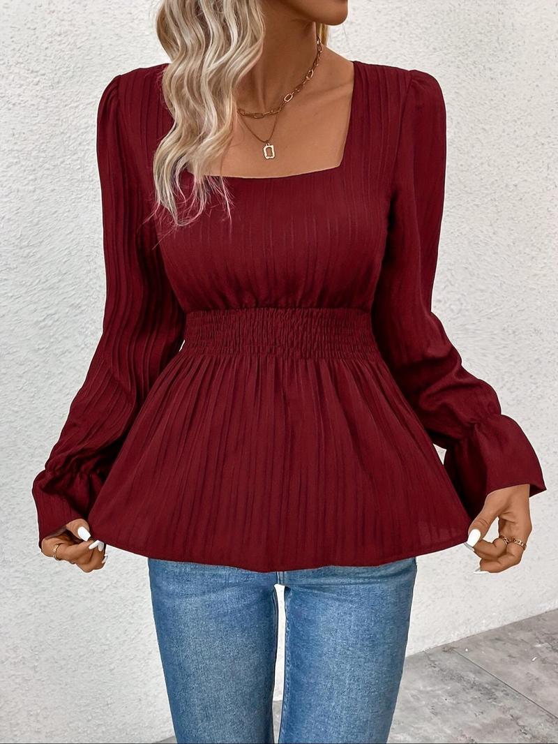 Women's Textured Flounce Sleeve Blouse, Casual Classy Solid Square Neck Top for Spring & Fall, Women's Clothing for Daily Wear