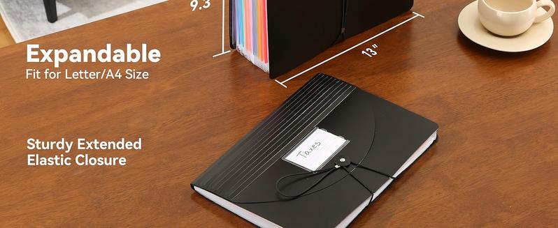 Accordion File Organizer 12 Pockets, Monthly Bill Receipt Tax Organizer, Expanding File Folders with Larger Bright Tabs, Fits Letter/A4 Size  Black