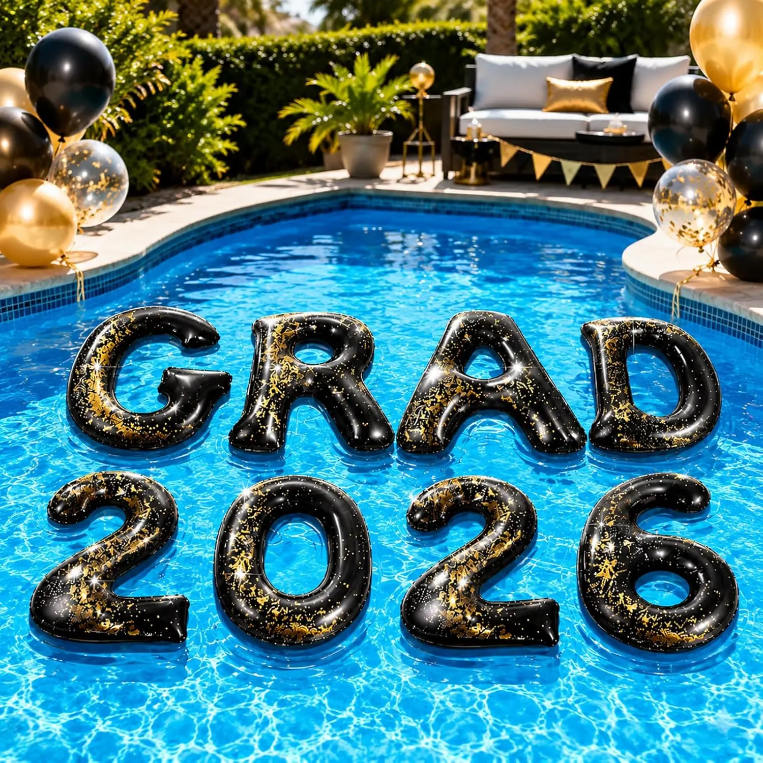Graduation Pool Party Decorations 2026 Gold Glitter Inflatable Pool Floats - PVC Letter Number Float 20x15 Inch for Class of 2026 Photo Prop