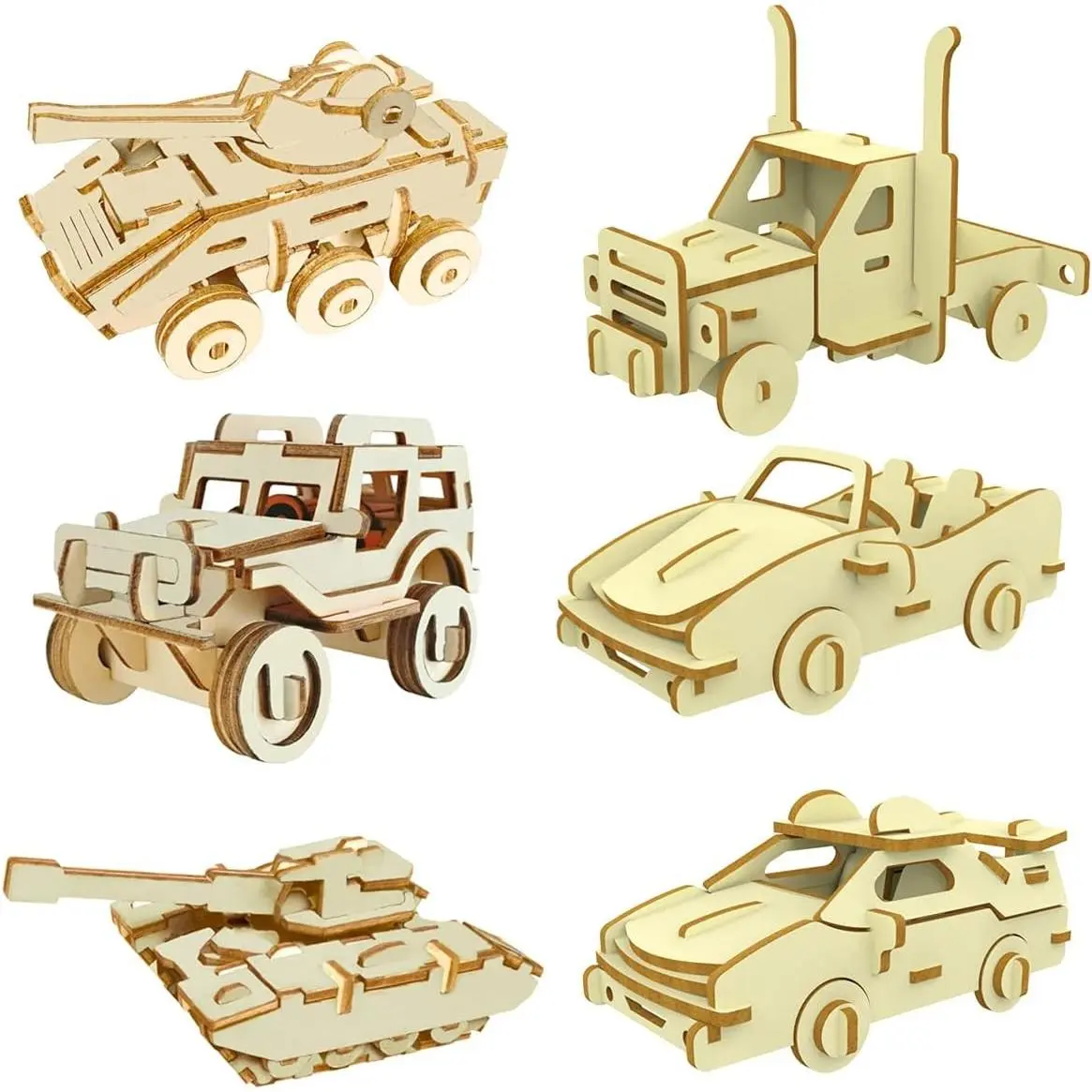 3D Wooden Puzzle - 6 Piece Set Wooden Car Brain Teaser Puzzle - DIY Assembly Car Building Model Kits - Wood STEM Toys Gifts for Adults & Teens Birthday Gifts Christmas