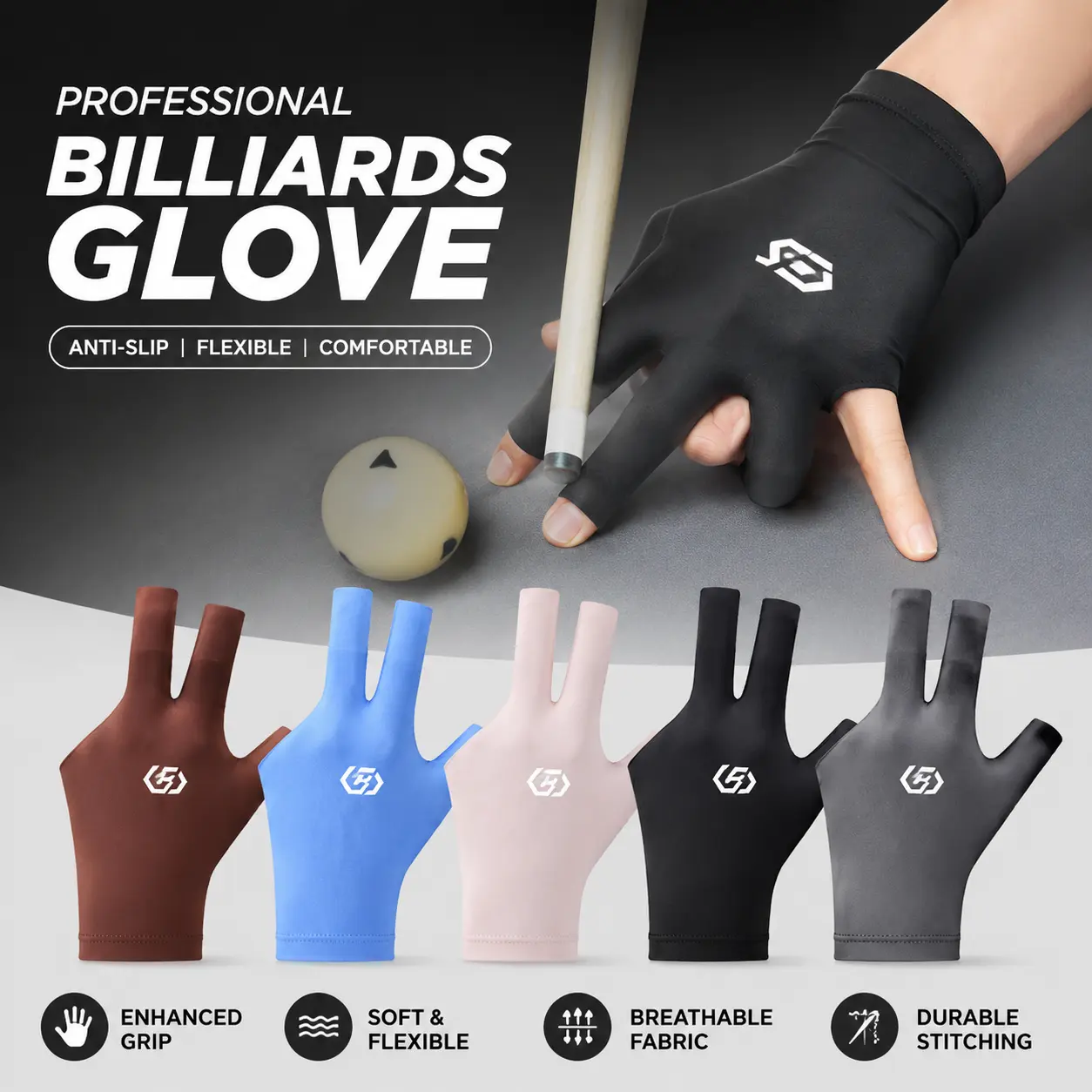 3-Finger Snooker Glove - Seamless, Breathable, High-Stretch Design with Open-Fingertip Construction for Enhanced Grip, Control, Precision Cue Sports Play