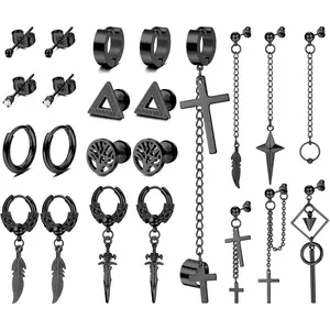 23Pcs Black Earrings Set for Men & Boys, Stainless Steel Studs & Hoop Earrings, Small Ball Barbell Piercing Jewelry for Cartilage