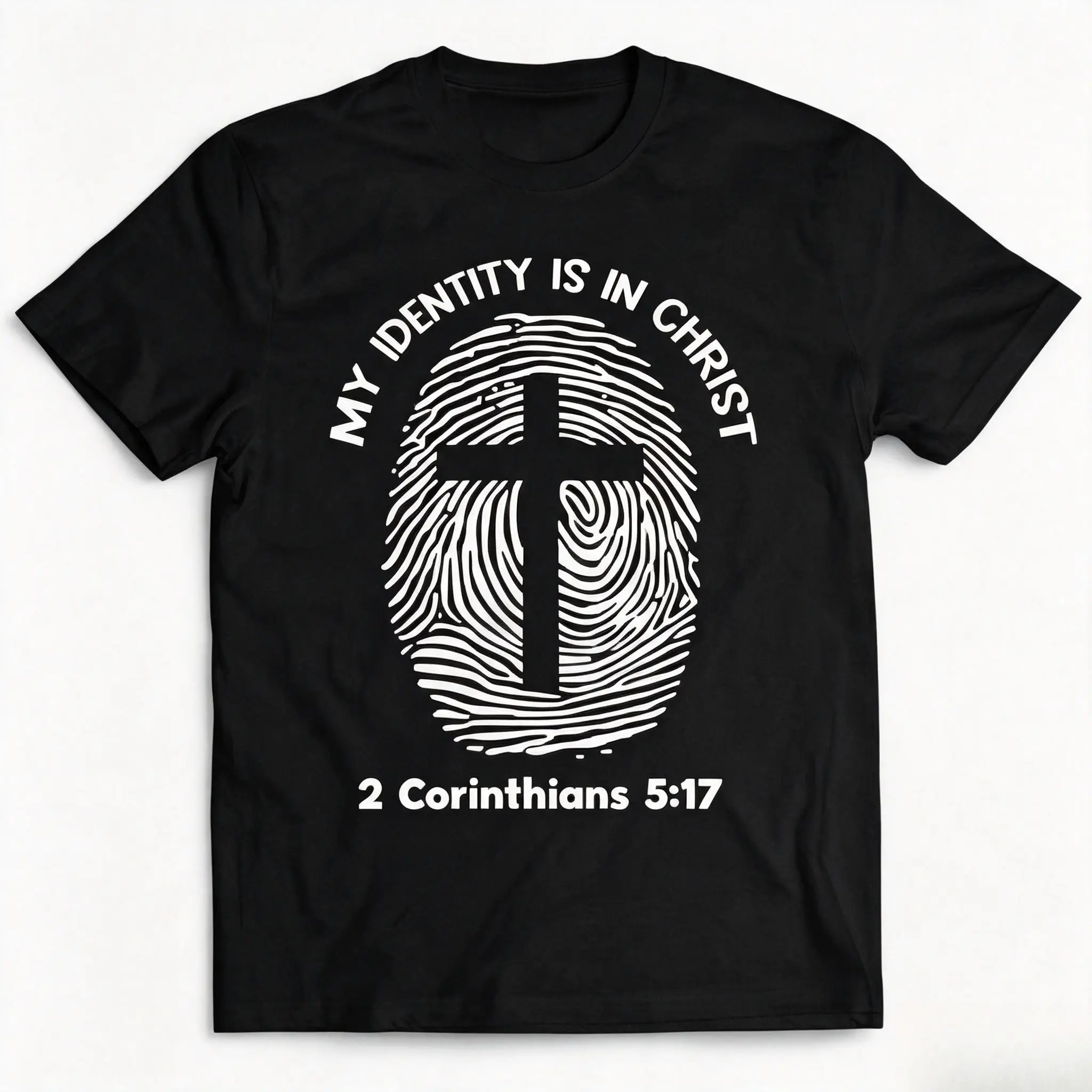 My Identity Is In Christ Fingerprint Cross Bible Verse Faith Graphic Cotton T-Shirt, Oversized Comfort Fashion Outfit, Religious Casual Top, Perfect Valentine’s Day Holiday Gift for Lovers, Family, Friends for Him Her