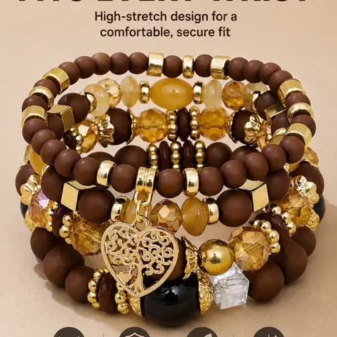 Boho Bracelet Set Stackable Layered Bracelets for Women, Colorful Heart Beaded Bracelets, Crystal Bracelets, Stacked Design Bracelets, Handmade Multi Layer Bracelet Set, Festival Party Vacation Everyday Outfit, Gift for Her, Bohemian Jewelry