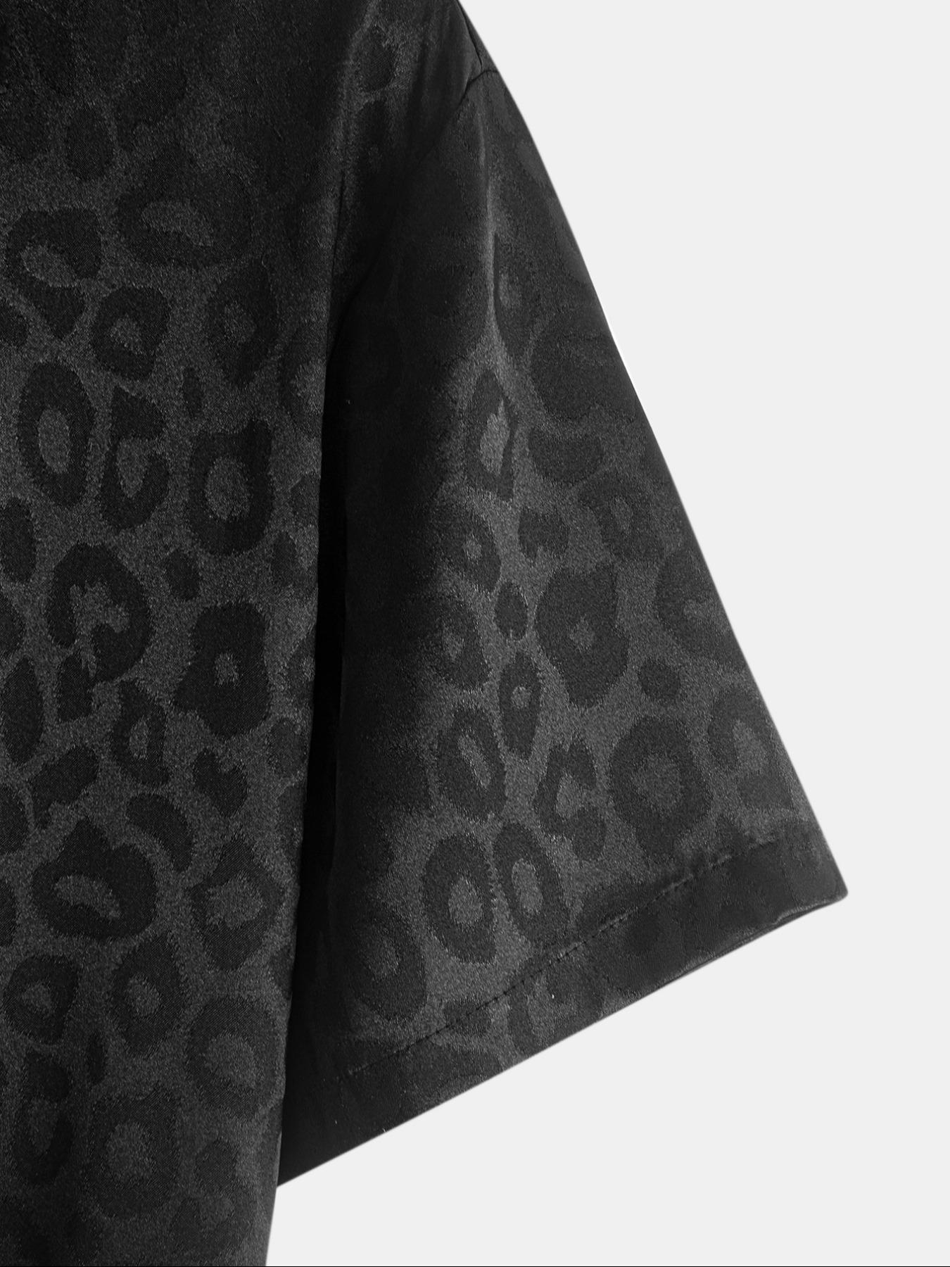 Men's Leopard Jacquard Satin Short Sleeve Shirt, Casual Party Shirt, Regular Fit Casual Soft Comfy Button Front Collared Top for Summer, Fashion Men's Clothes for Daily Wear