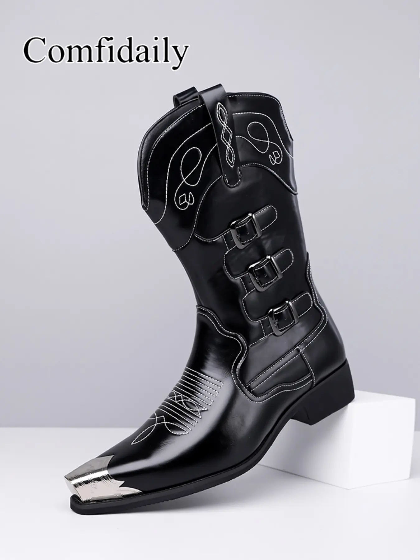 American Vintage Western Cowboy Boots, Men's Mid-Calf Leather Biker Shoes, Buckle Decor, Side Zipper, Large Sizes, All Seasons