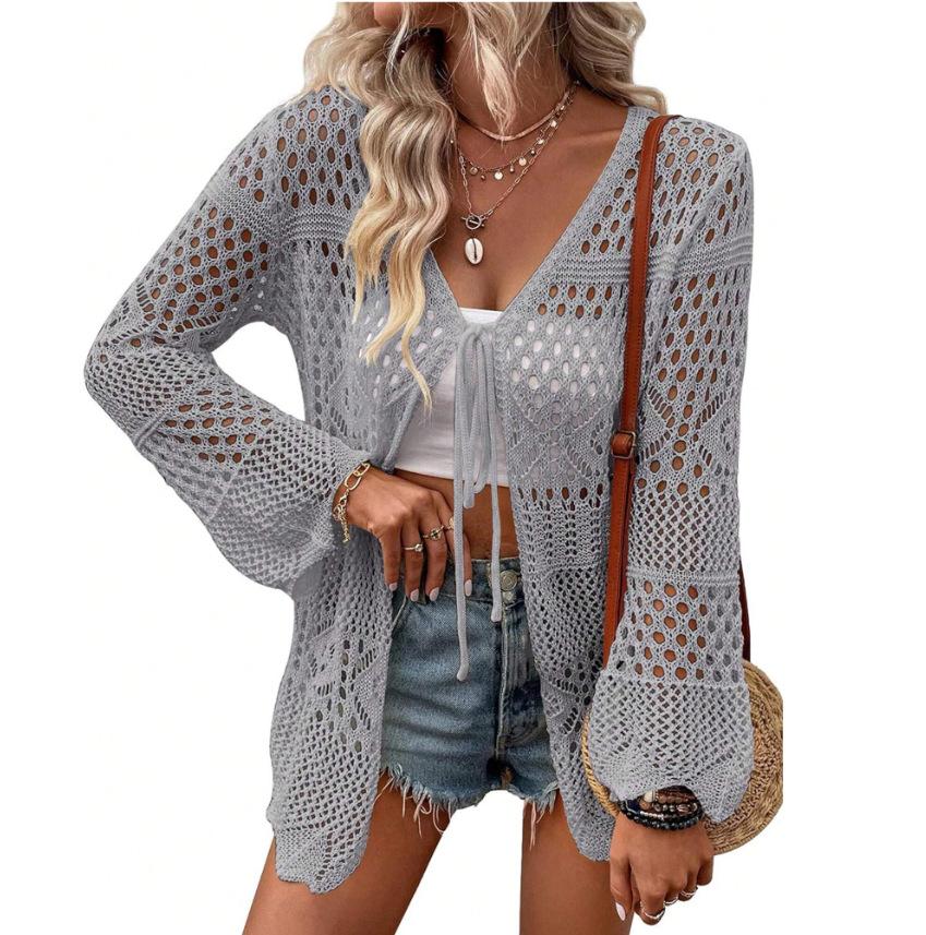 Women's Solid Color Hollow Out Tie Front Crochet Cardigan, Casual Long Sleeve Knitwear for Summer, Fashion Women's Knit Clothing for Daily Wear, Knitting, Summer Cardigan Women, Beach Cover Up, Lightweight Knit Top, Boho Crochet Sweater, Vacation Outfit