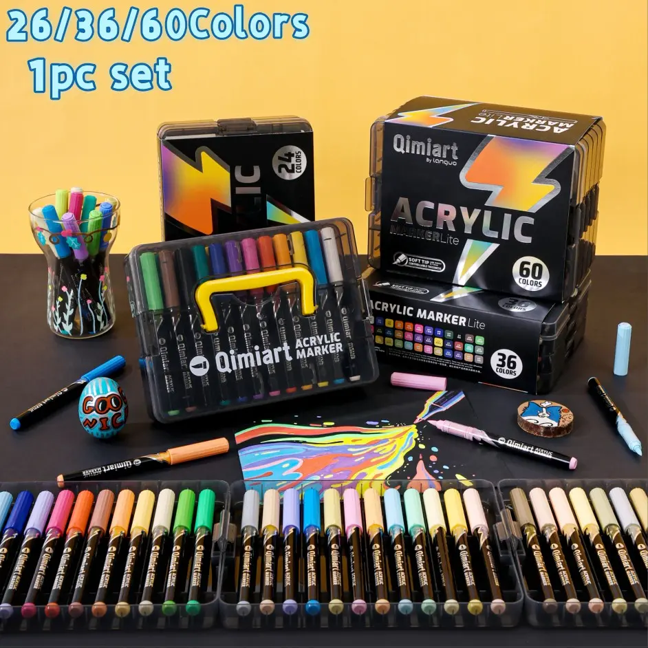 Languo Acrylic Marker Pen Set, 24/36/60 Colors, Soft Brush Tip, Professional Mixing, Non-Transparent, DIY Art, Gift Idea, Painting Supplies