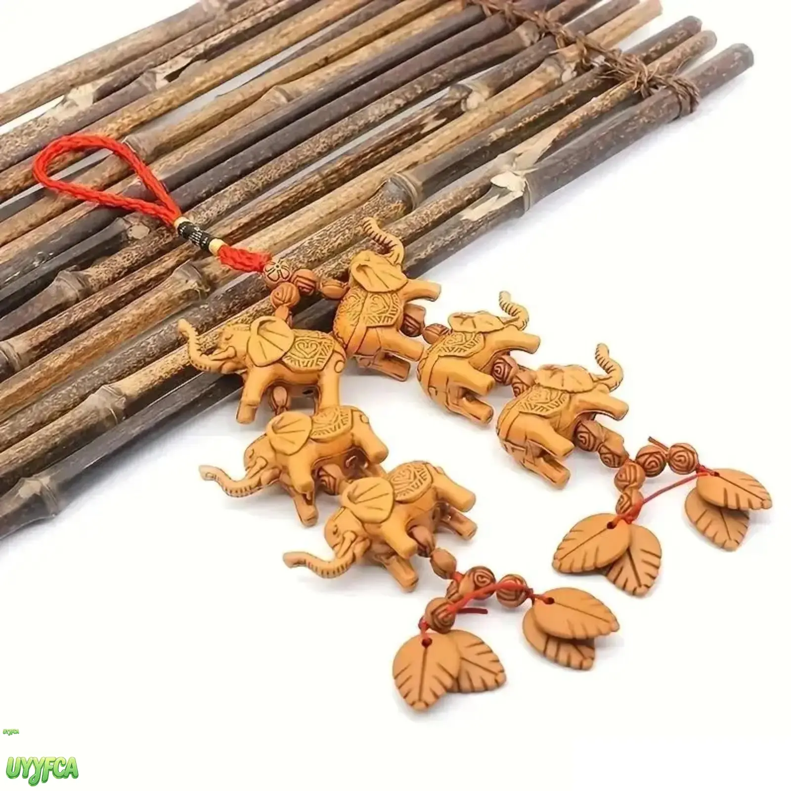 6-Piece Wooden Elephant Ornament Set with Leaf Bead Hanging Tassels, Aesthetic Car Rearview Mirror Charm, Lucky Interior Decor Gift, Animal Lover Gift, Elephant Pendant, Wooden Charm, Cars, Good Luck Charm