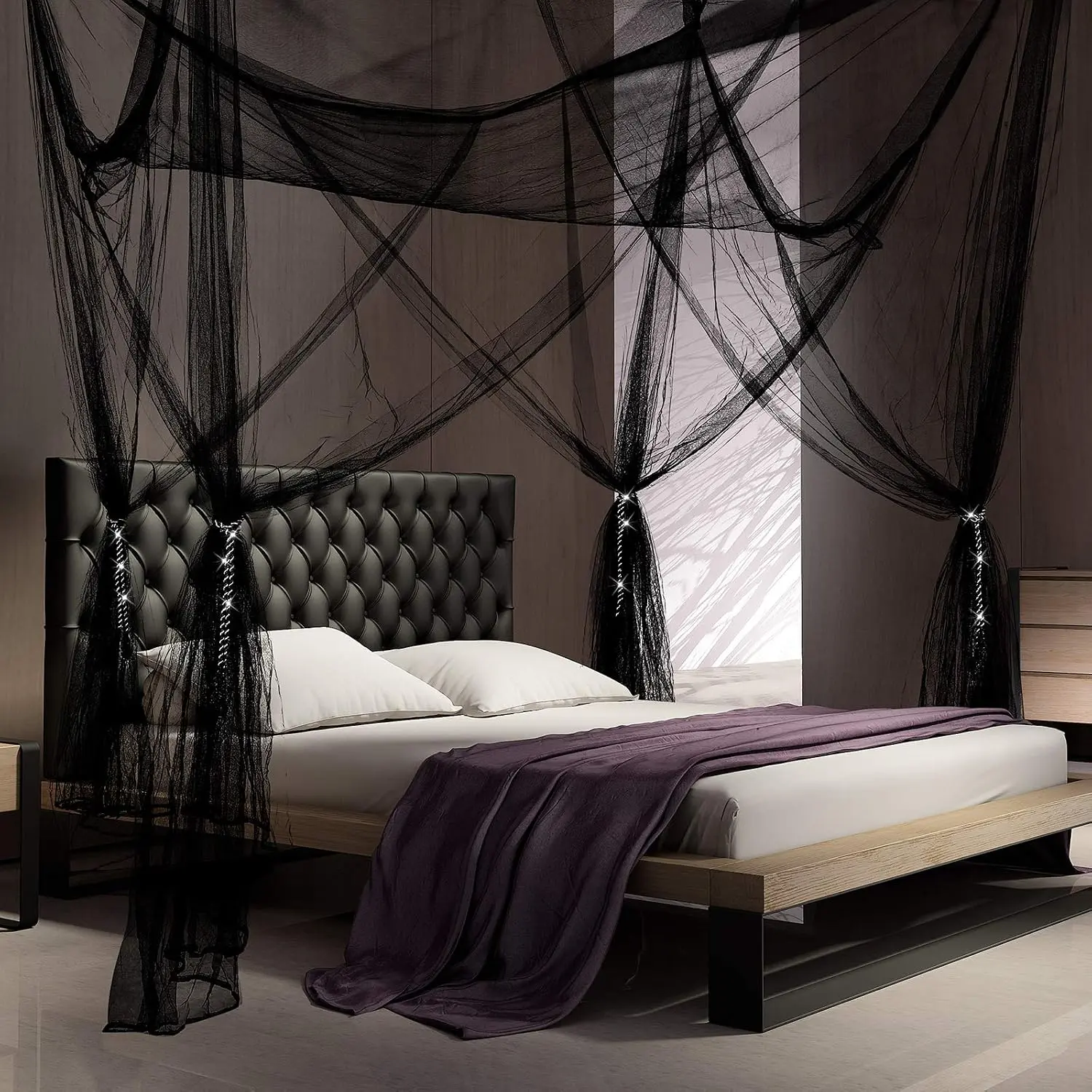 4-Corner Post Polyester Mosquito Net Bed Curtains, Modern Bedroom Decoration with 4 Tassel Pendants, Fit for Full, Queen, King Size Beds (Black), Full Size Bed