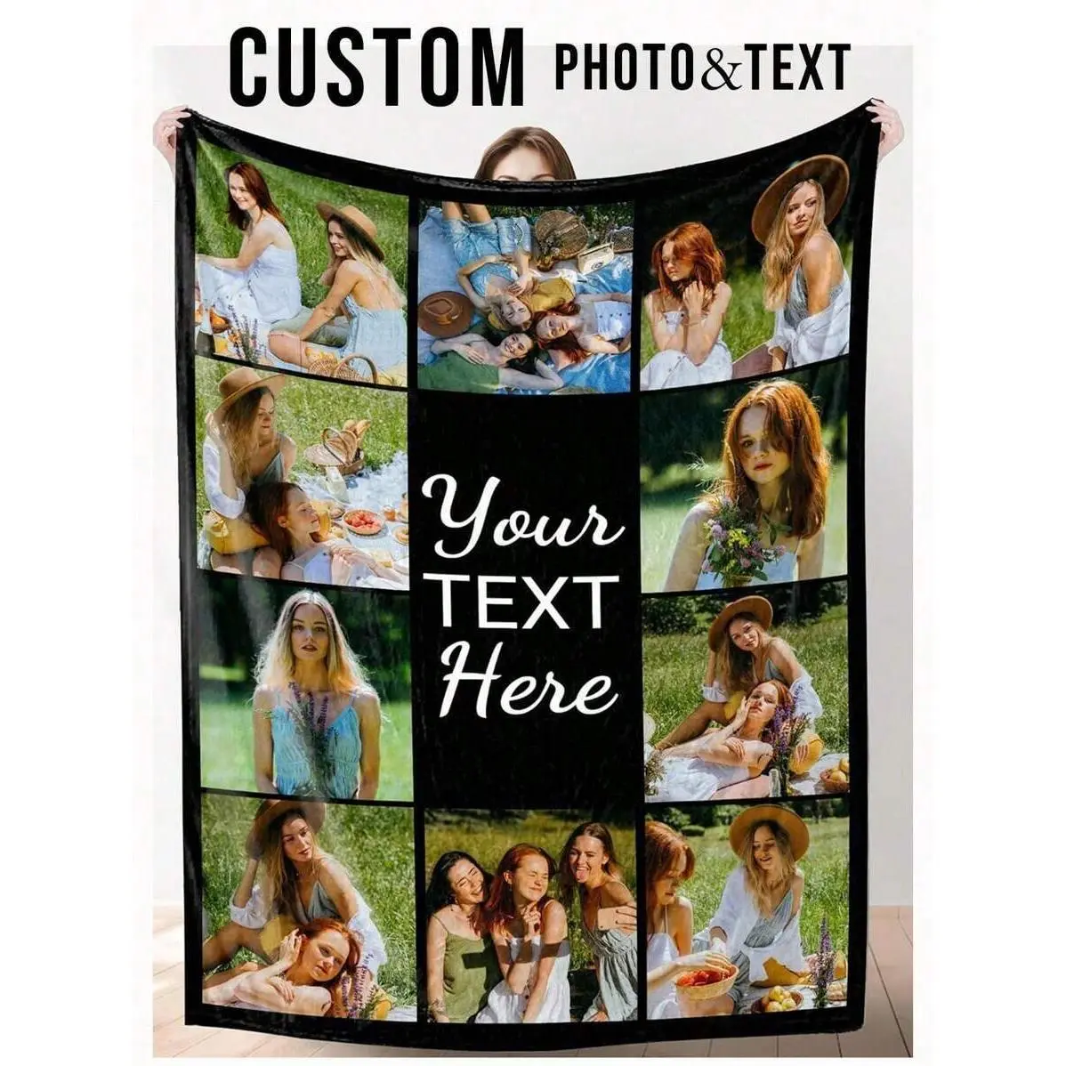 Personalized Best Friend Photo & Text Flannel Throw Blanket, Custom 9 Photo Collage Blanket, BFF Birthday Gift for Bestie, Soft Cozy Blanket for Couch Bed Bedroom Decor
