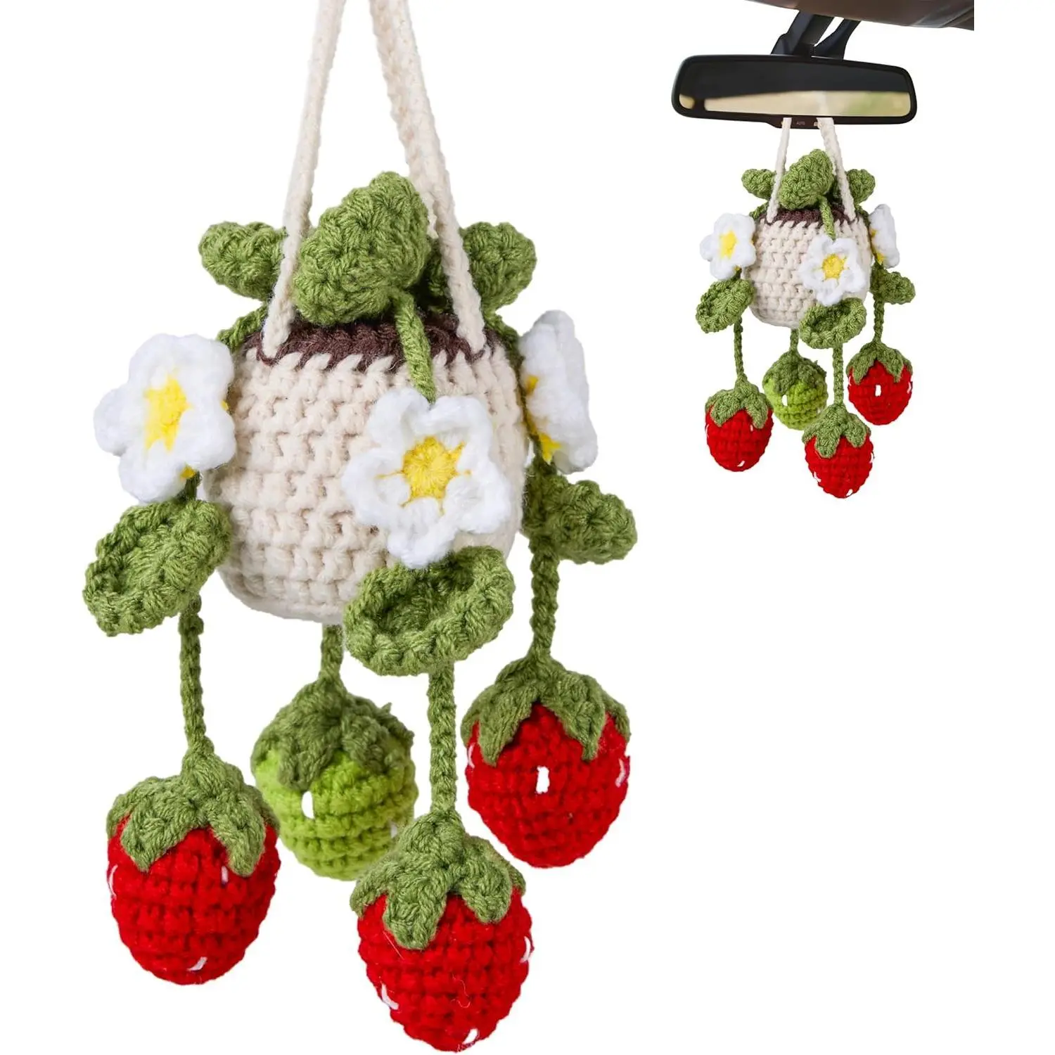 Handmade Crochet Car Accessories, Boho Hanging Strawberry Plant, Cute Car Decor, Crochet Keychain Gift for Her, Kitchen or Desk Artificial Plant for Mom, Women, Plant Lovers (Strawberry) | Soft Yarn, Detailed Stitches, Bright Strawberry Charm