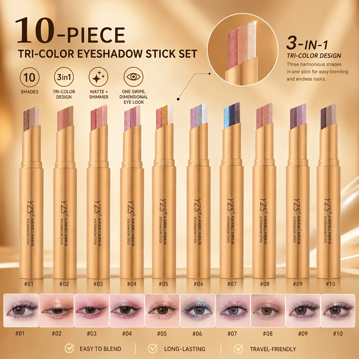 10 Colors Tri-Color Eyeshadow Stick Set - 3-in-1 Cream Eyeshadow Pencil with Matte & Shimmer Finish, Multi-Color Palette Suitable for Women' Daily Makeup, Party Looks, Blending Stick for Neutral, Warm & Tones, Eye Shadow Sticks