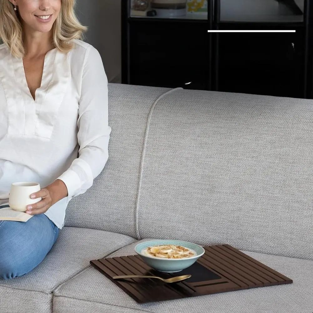 Foldable Bendable Bamboo Sofa Arm Table 2 in 1 Multifunctional Couch Armrest Snack Tray Non-Slip Wooden Serving Tray for Drinks Cell Phones Fruits Desserts