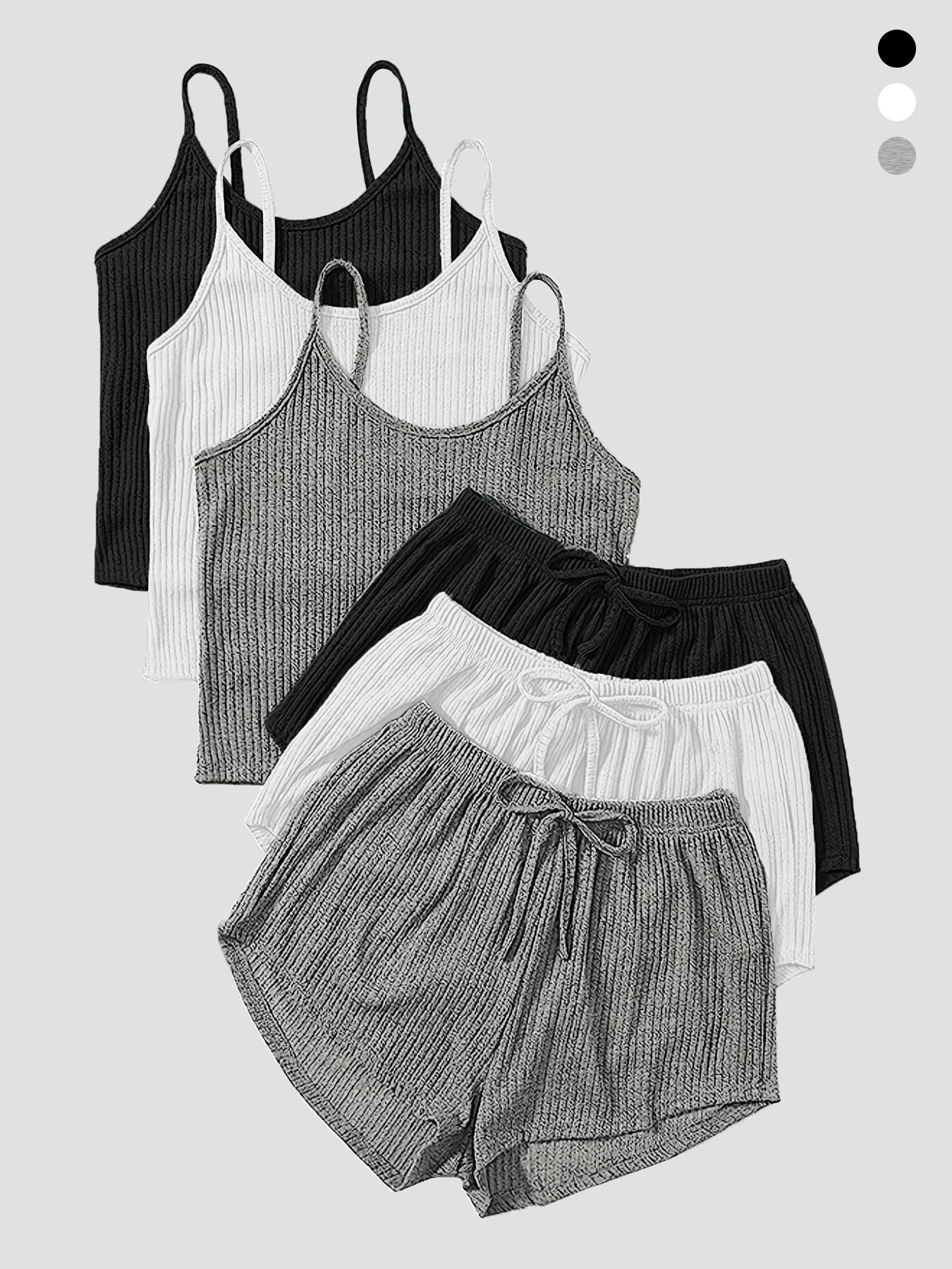 Six-Piece Set Women's Plain Basic Fitted Ribbed Shorts Set, Casual Soft Crop Spaghetti Strap Cami Top & Elastic Waist Shorts Set, Summer Clothes, Summer Outfits Set for Outdoor Holiday, Cute Summer Outfit