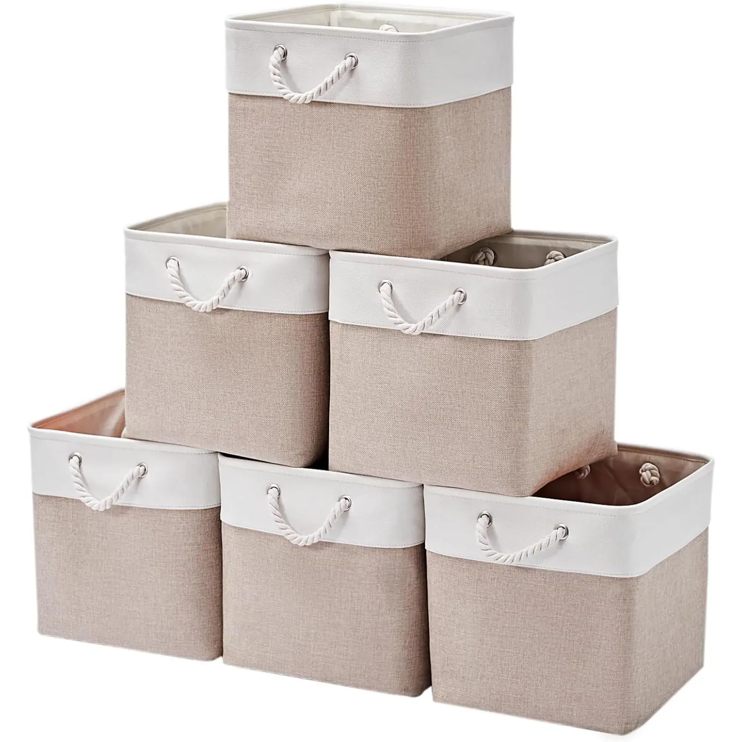 12 x 12 Inch Cube Storage Bins, 6 Pack Large Collapsible Fabric Storage Bin with Ropes, Foldable Storage Cubes for Home, Office, Closet, Clothes, Toys Organizer (White & Beige)