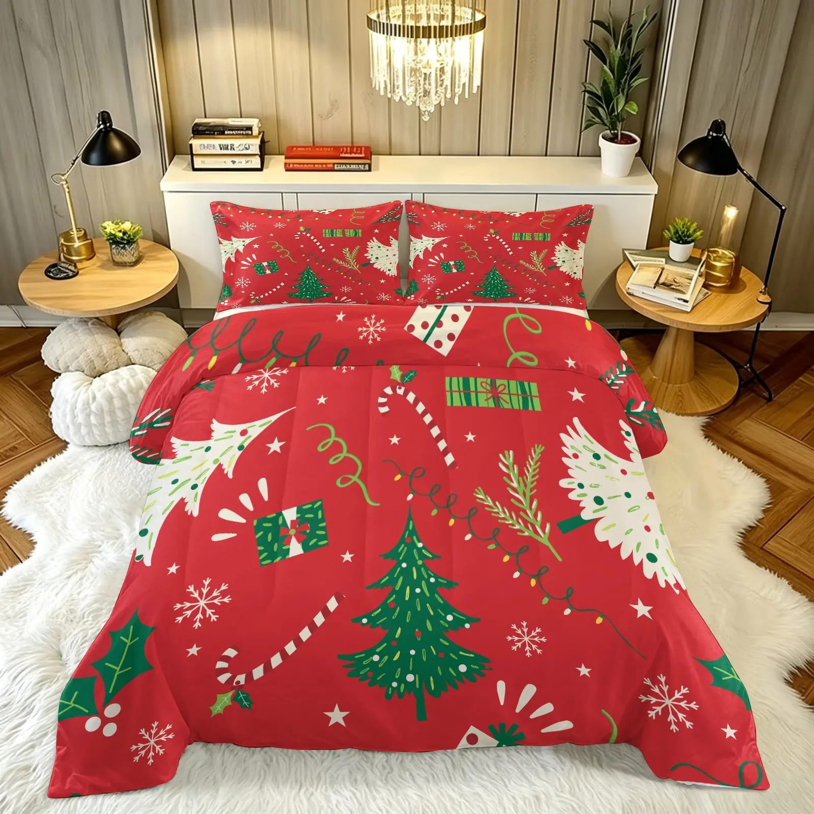3pcs Full Size Christmas Bedding Set, Cute Tree Snowflake Patterns, Soft Polyester Fiber, Includes 1 Quilt and 2 Pillowcases